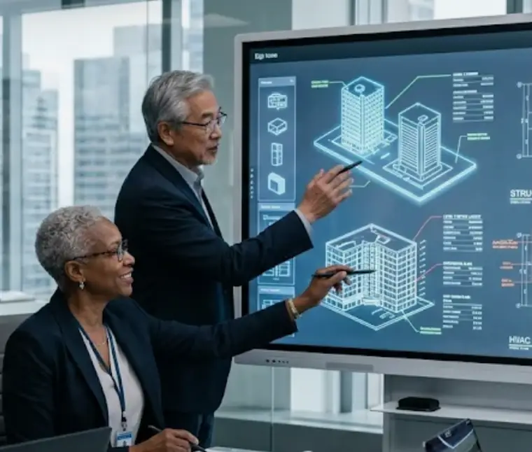 Dezhyne engineers reviewing a building architecture model on a large screen